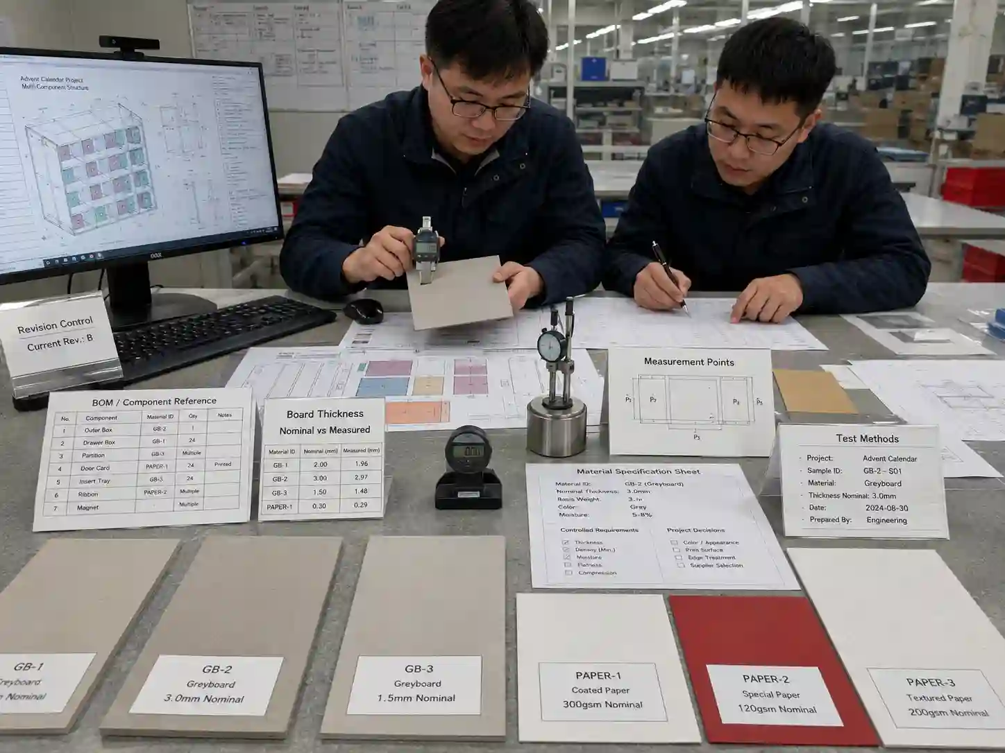 Packaging engineers measuring board thickness and linking physical material samples to controlled drawings and specifications.