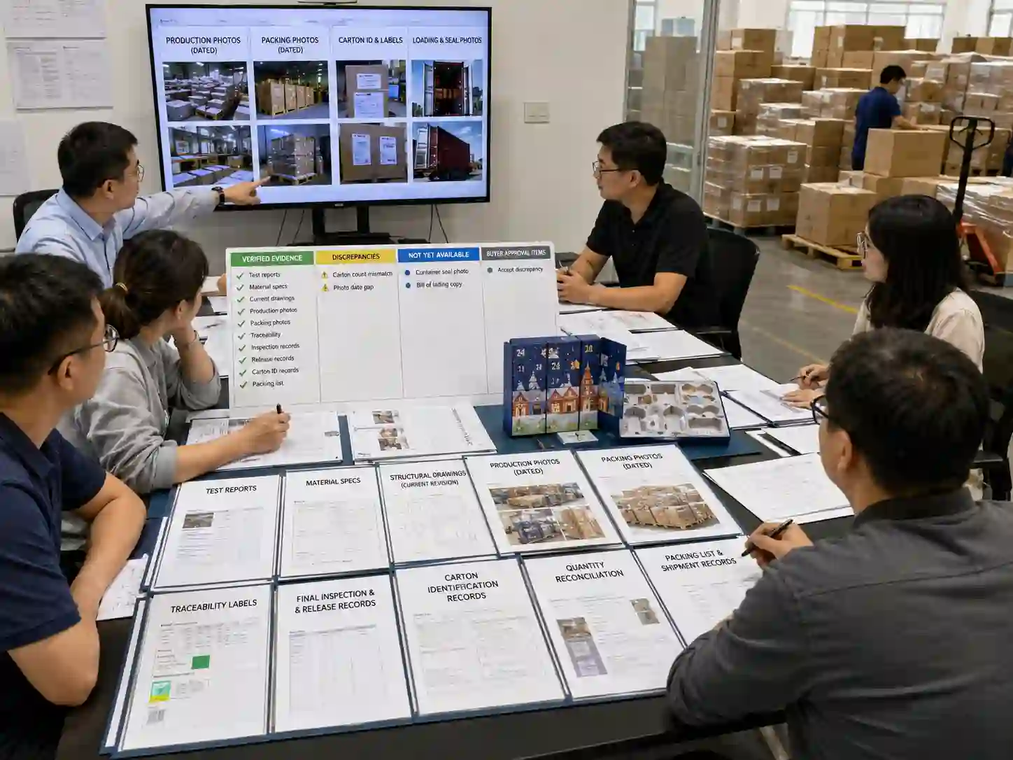 Packaging buyers reviewing pre shipment packing photo records, carton identification, inspection release records and shipment quantities before final payment.
