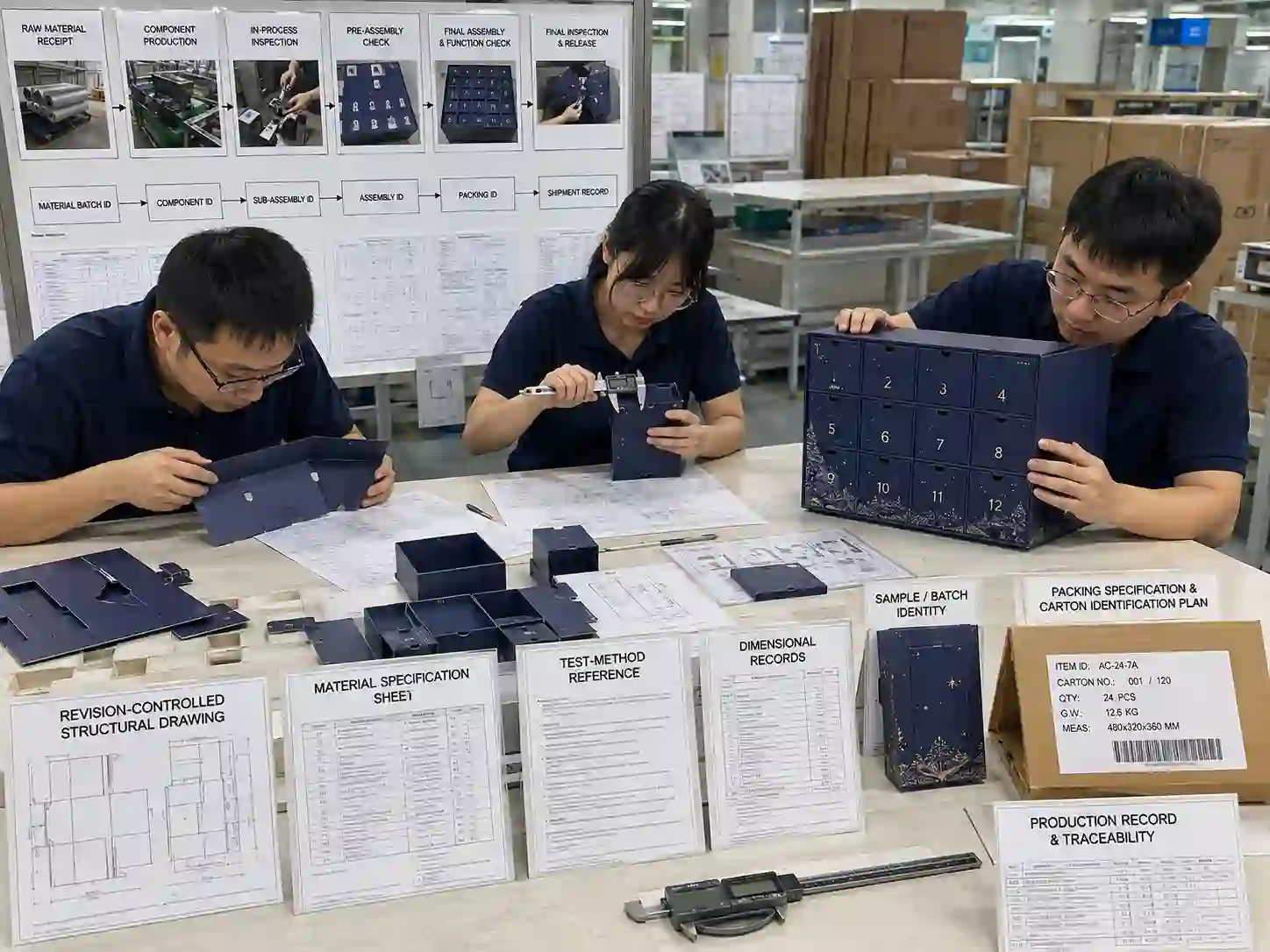 Packaging engineers checking drawings, measurements, batch identities and packing specifications before an advent calendar production order is packed.