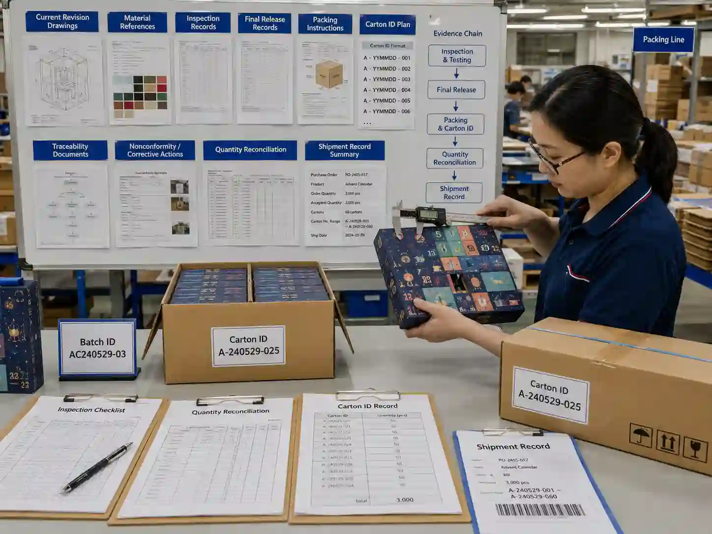 Quality staff verifying final inspection records, traceability, packing configuration, carton identities and shipment quantities before final payment.