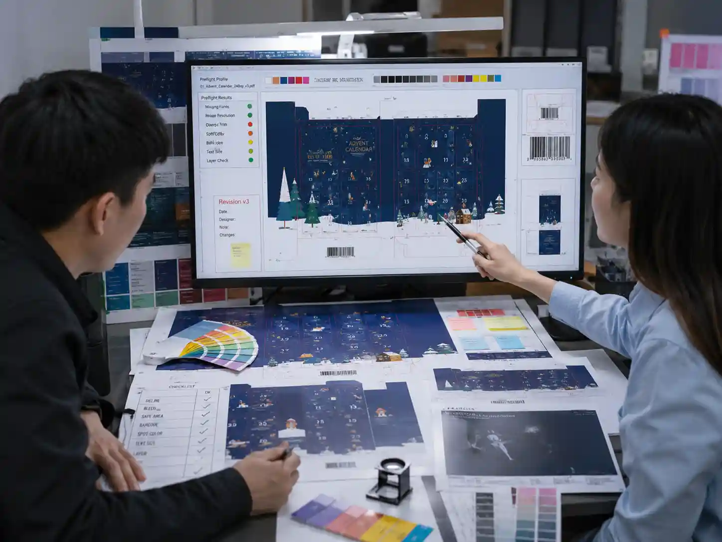 Packaging designers reviewing advent calendar artwork preflight files before sampling.