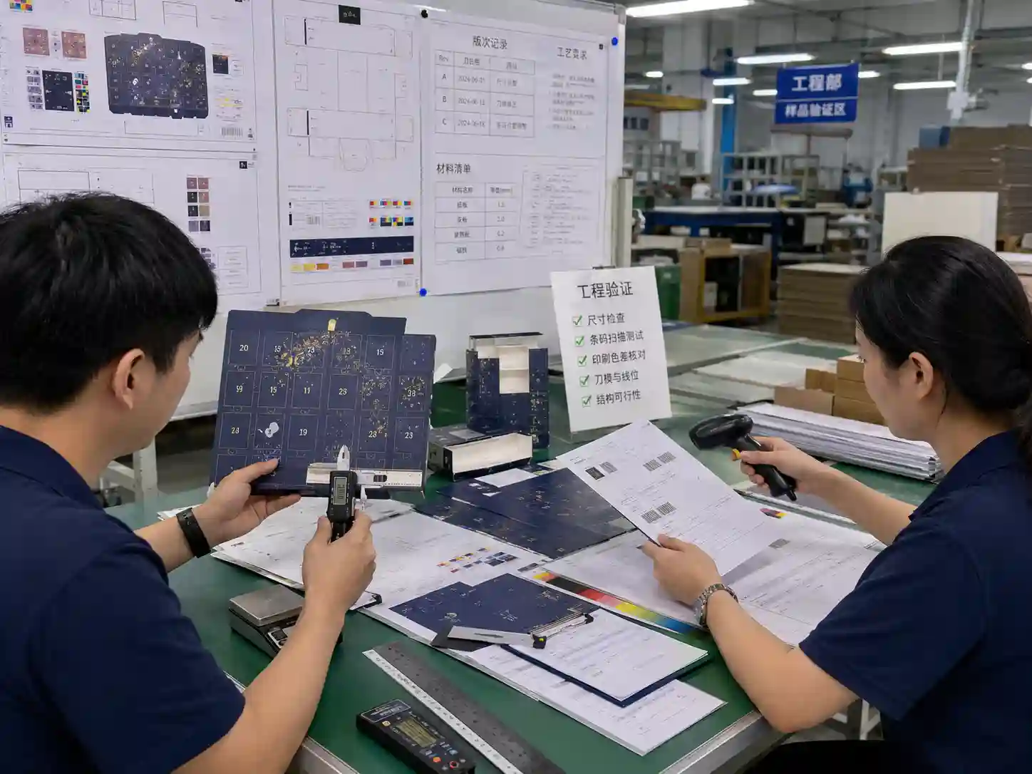 Packaging engineers validating preflight corrections before advent calendar sampling.