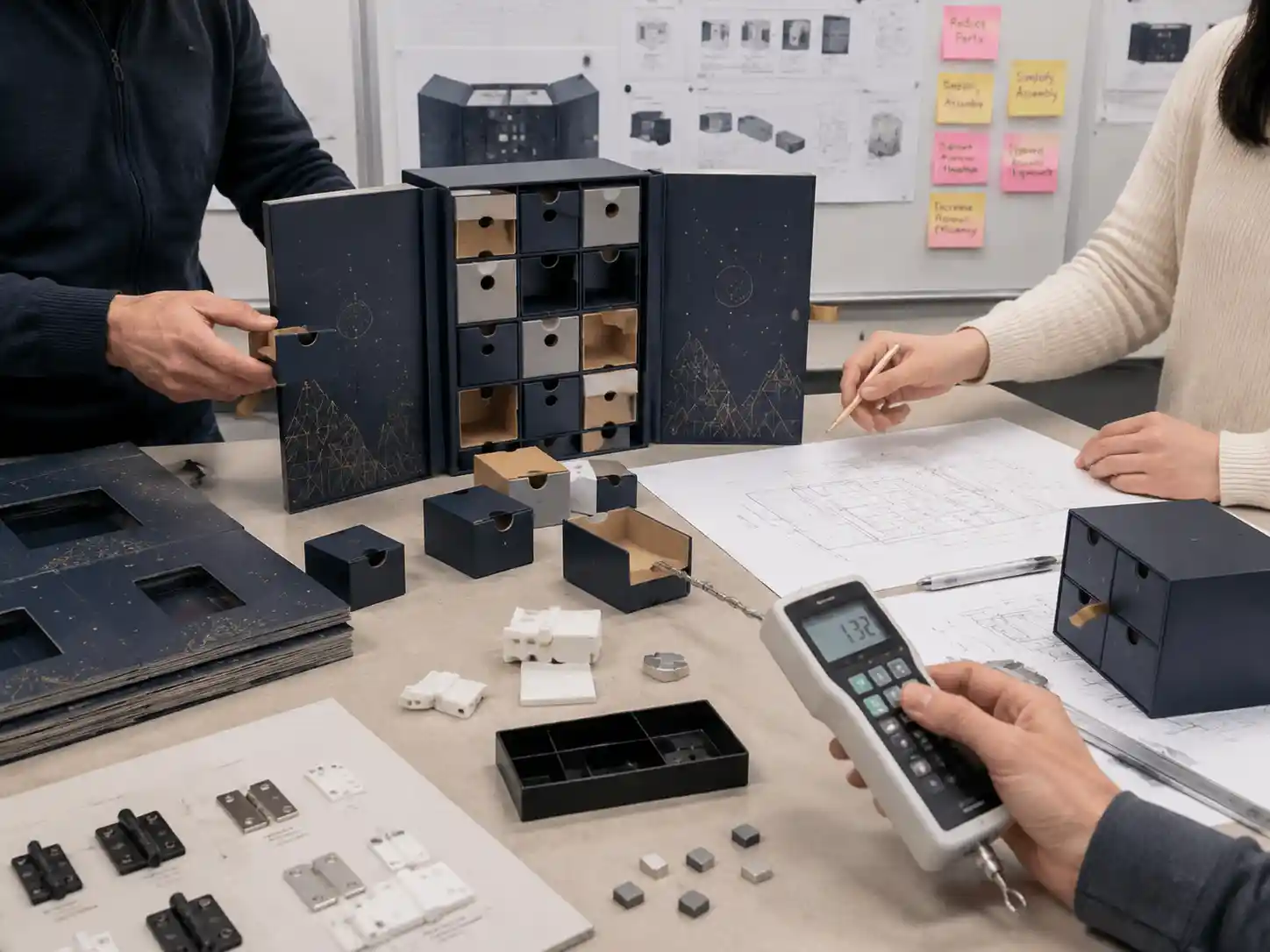 Packaging engineers reviewing advent calendar structure components to reduce manual assembly requirements