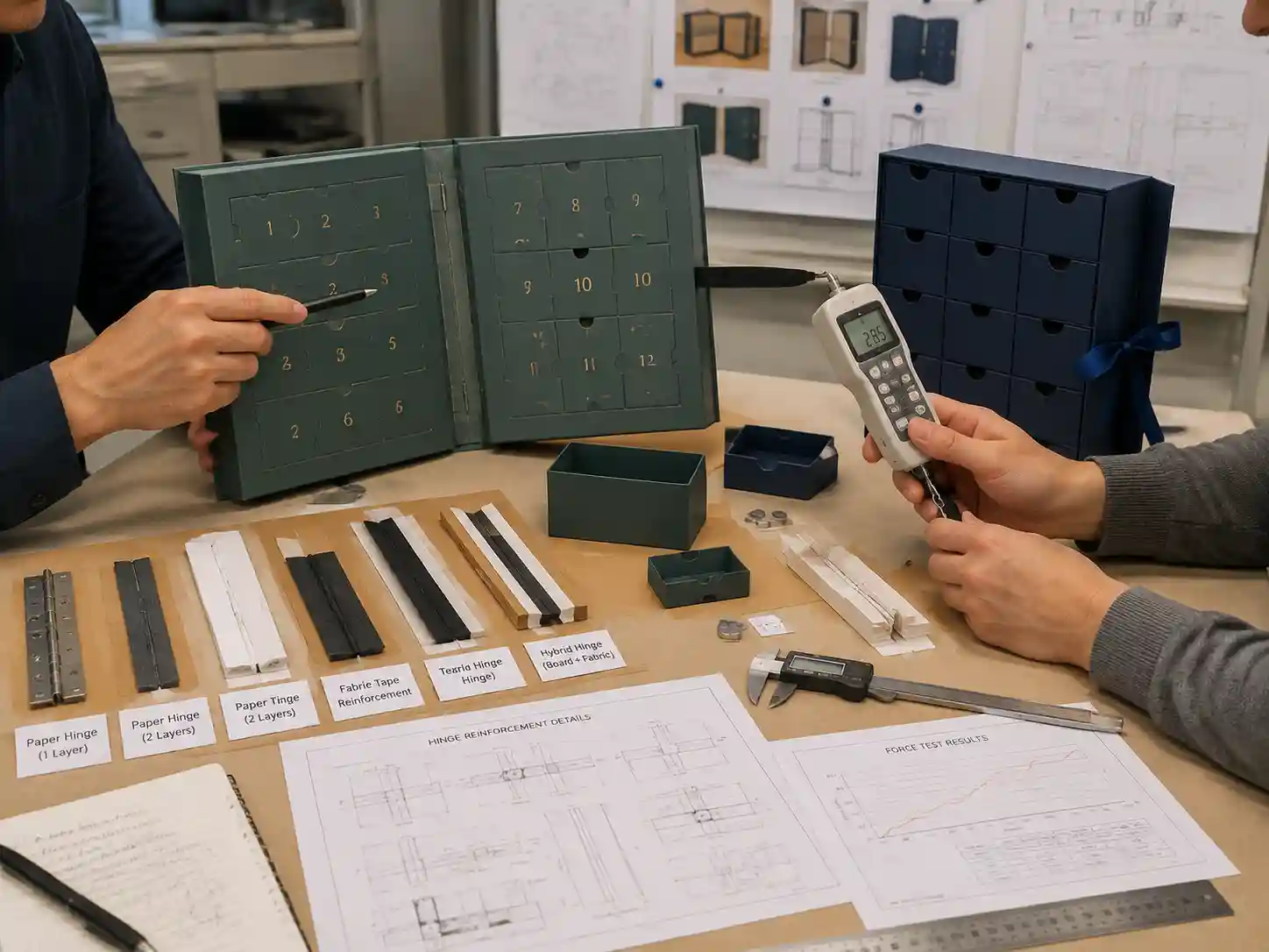 Engineers reviewing reinforced book-style advent calendar hinge prototypes with structural samples and testing tools