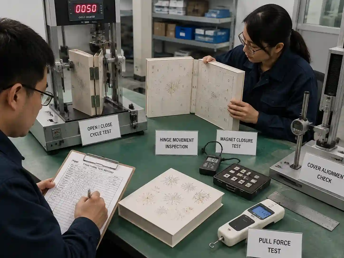 Technicians testing book-style advent calendar hinge durability with prototype opening checks and measurements