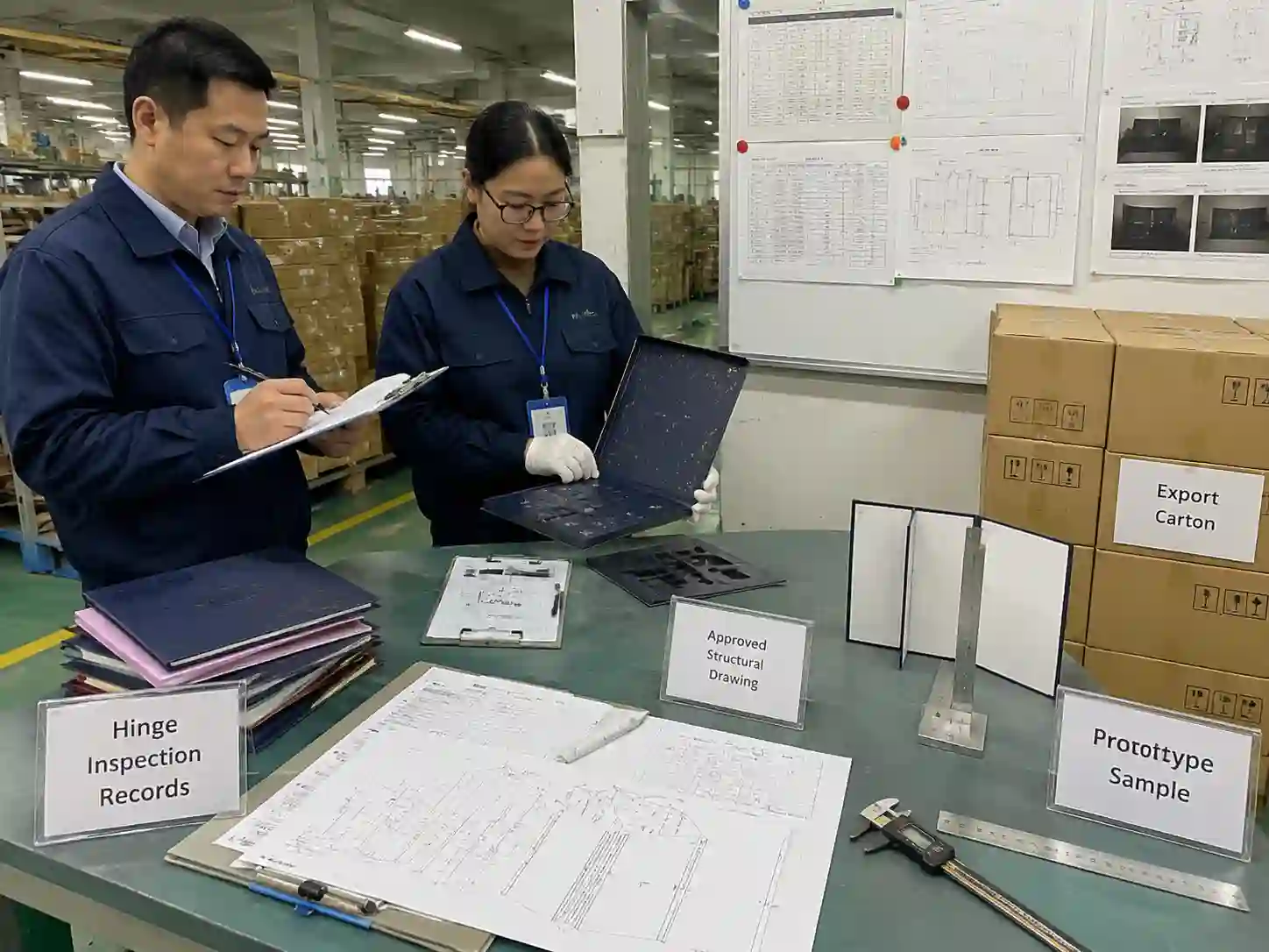 QC staff verifying reinforced advent calendar hinge structure with records, samples, and inspection documents