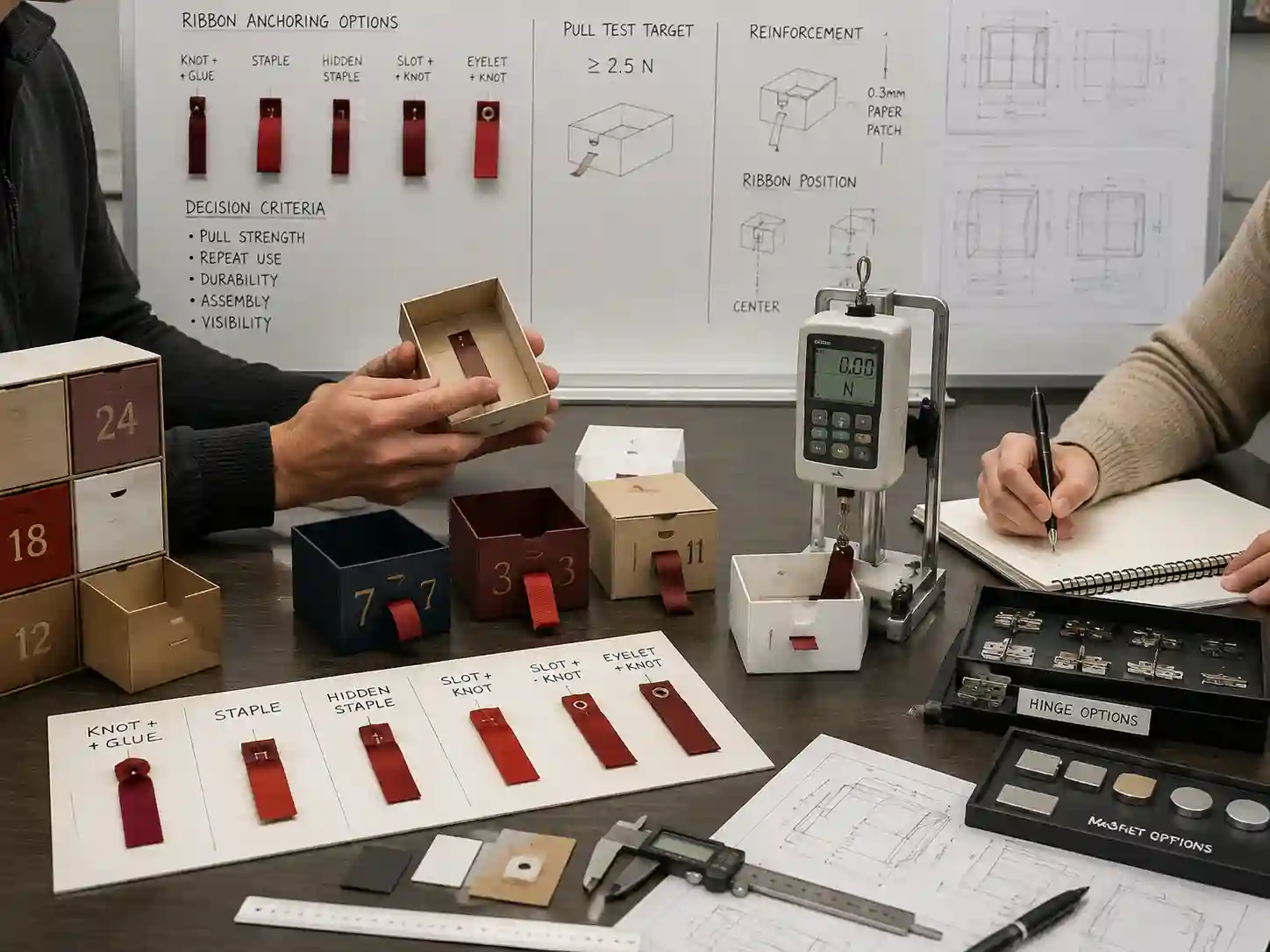Packaging engineers reviewing ribbon anchor strength design for small advent calendar drawers with structural samples and pull-force testing tools.