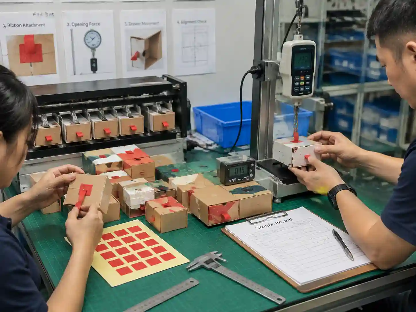 Technicians testing ribbon attachment performance on advent calendar drawer prototypes during packaging engineering validation.