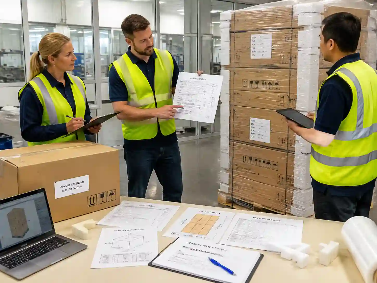 Packaging specialists reviewing export carton shipping marks on advent calendar cartons before shipment