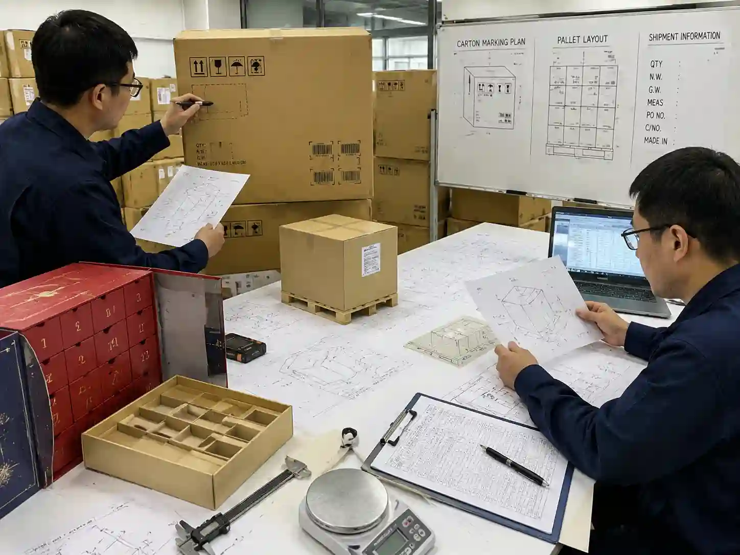 Packaging engineers planning shipping mark placement for advent calendar export cartons