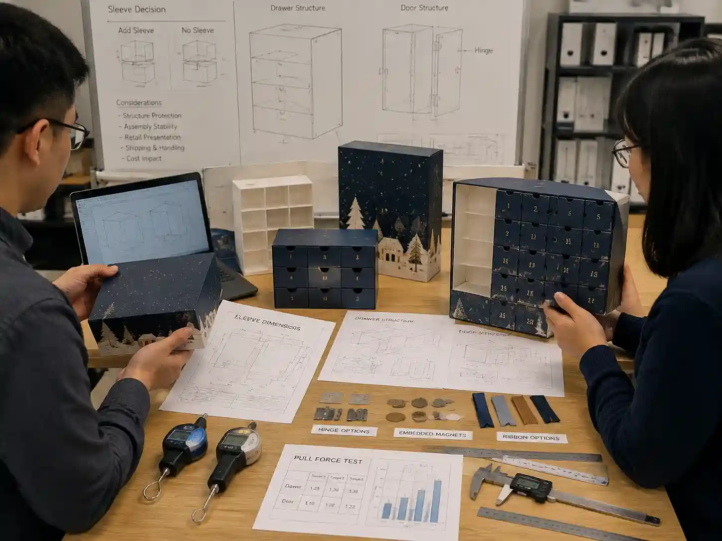 Engineers reviewing advent calendar sleeve requirements with structural prototypes, sleeve measurements, hinges, magnets, and drawings
