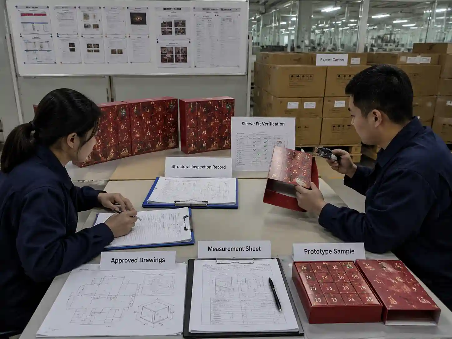 QC inspection of advent calendar sleeve structure with measurement records, approved drawings, and packaging verification documents