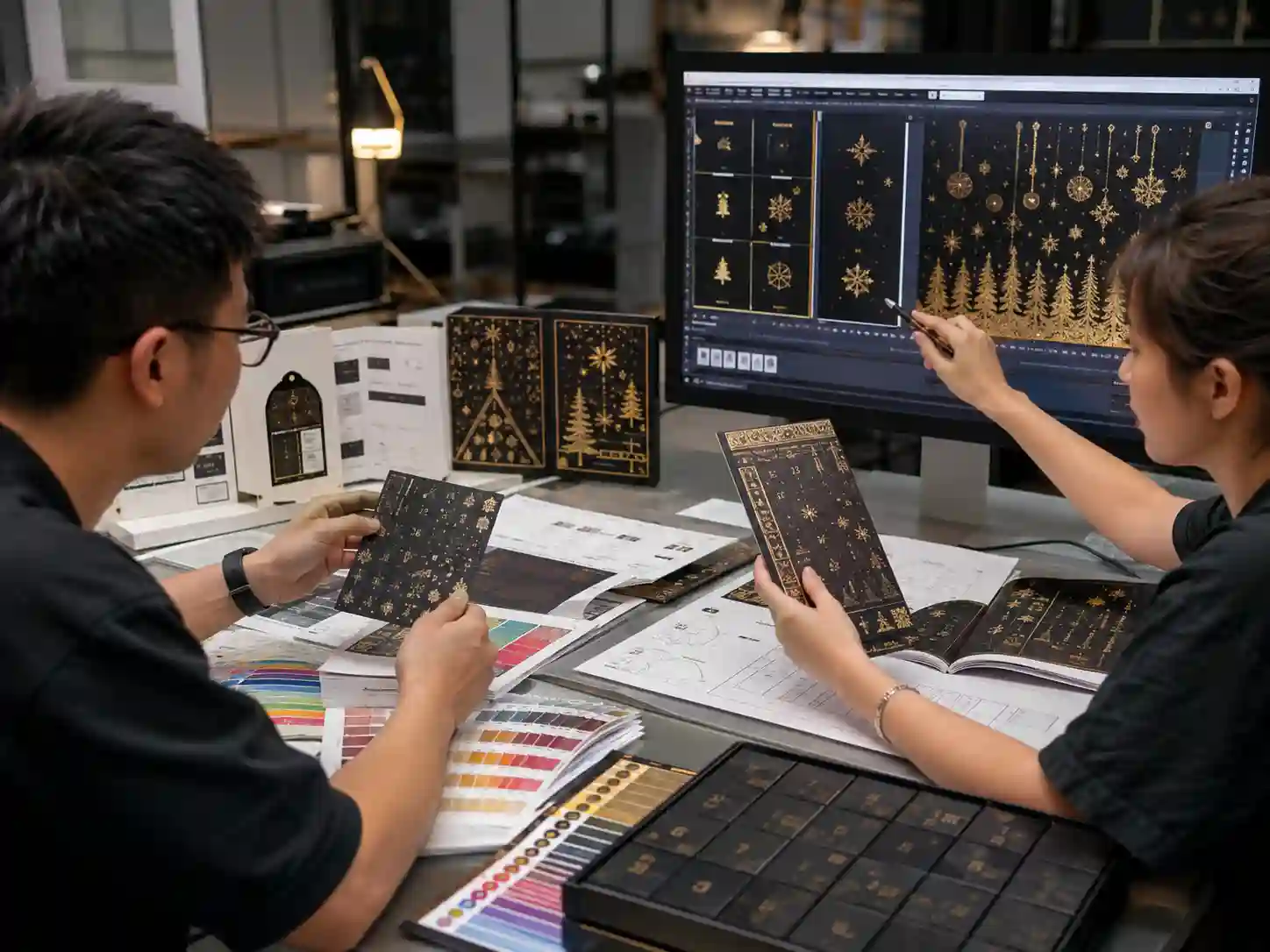 Packaging designers reviewing minimum foil detail size on advent calendar artwork before print approval.