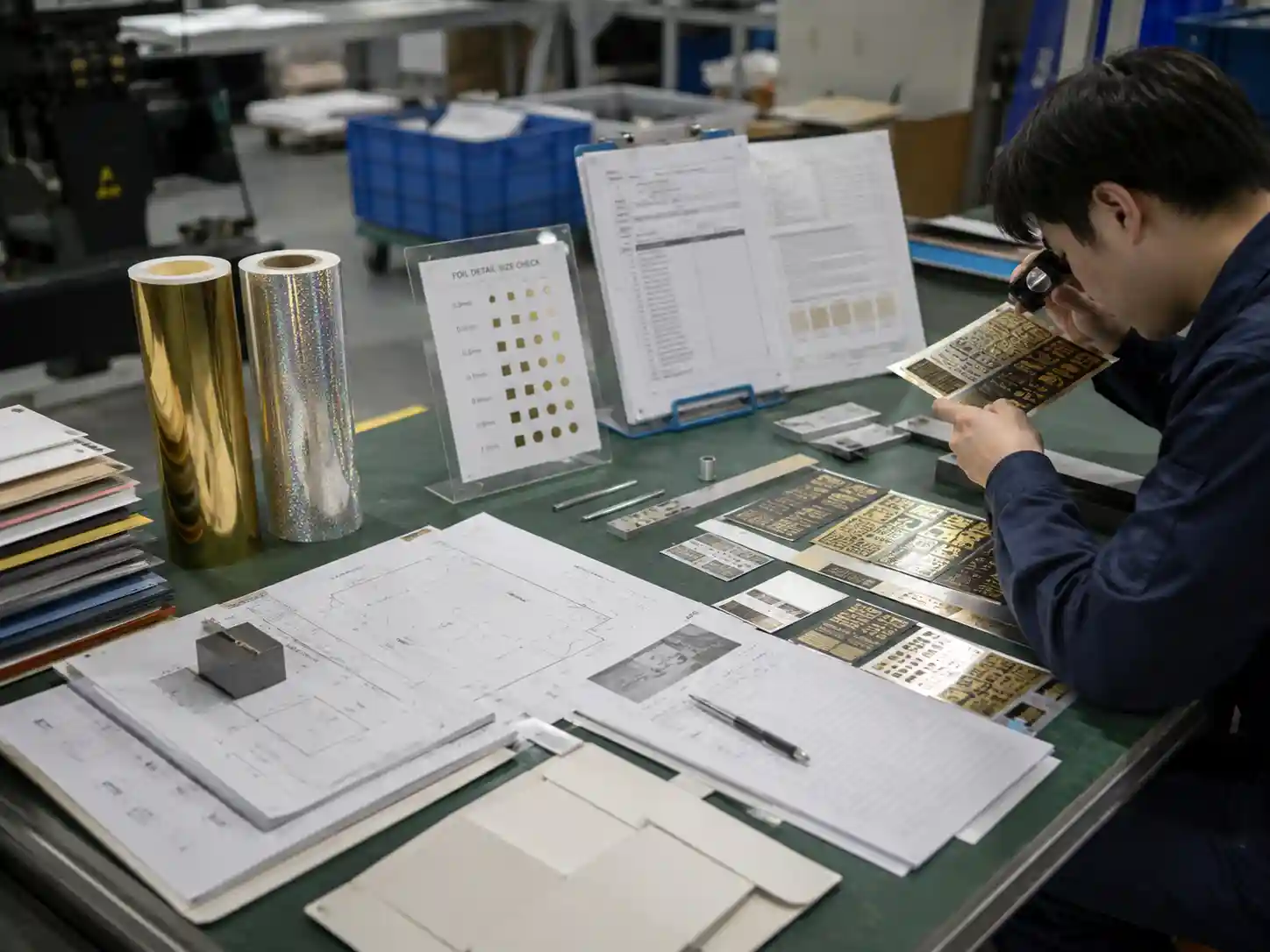 Packaging engineers validating fine foil details during engineering sampling.
