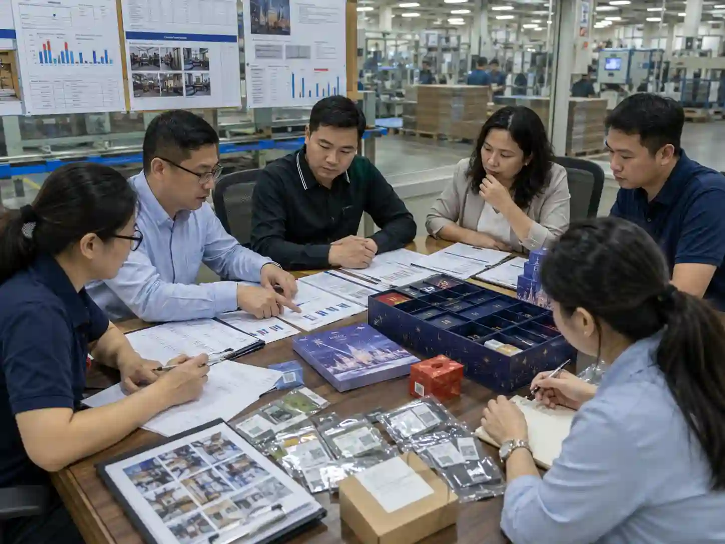Packaging buyers reviewing supplier test data, material specifications, traceability records and packing evidence for an advent calendar project.