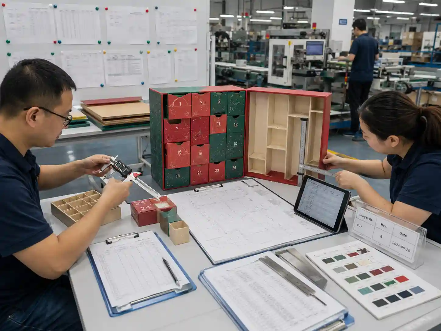 Packaging engineers measuring advent calendar components and linking test results to controlled drawings, samples and material specifications.