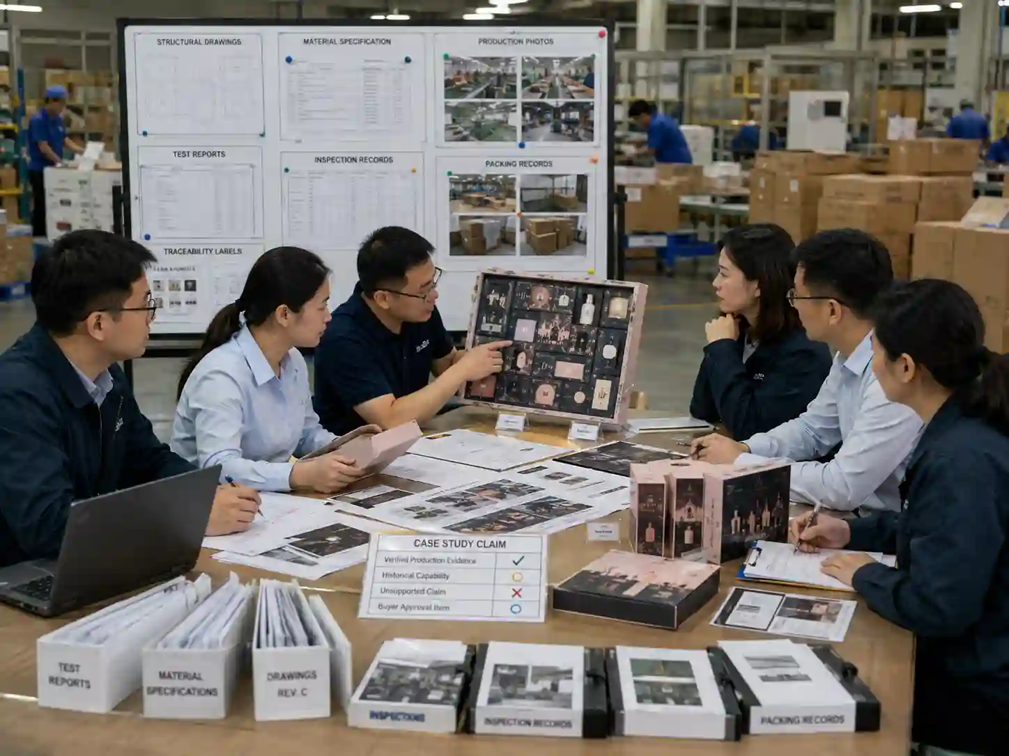 Buyers reviewing production records, test reports, traceability and packing evidence to verify a packaging case study.