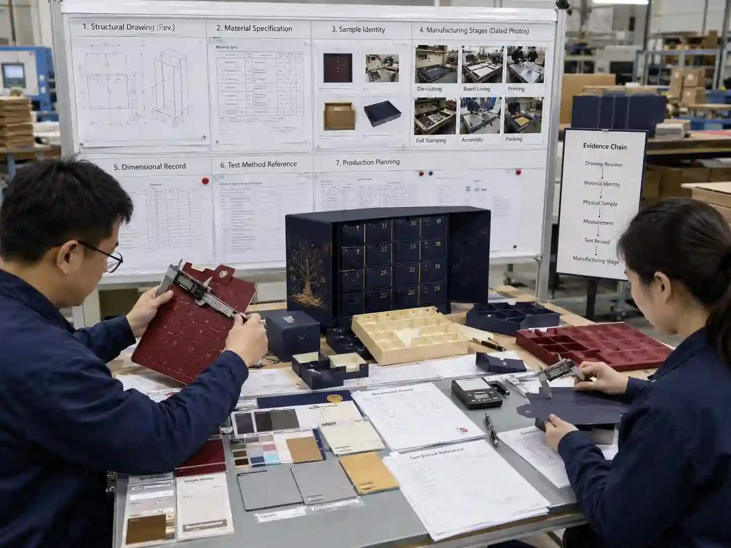 Packaging engineers comparing case-study samples with drawings, specifications, measurements and production evidence.