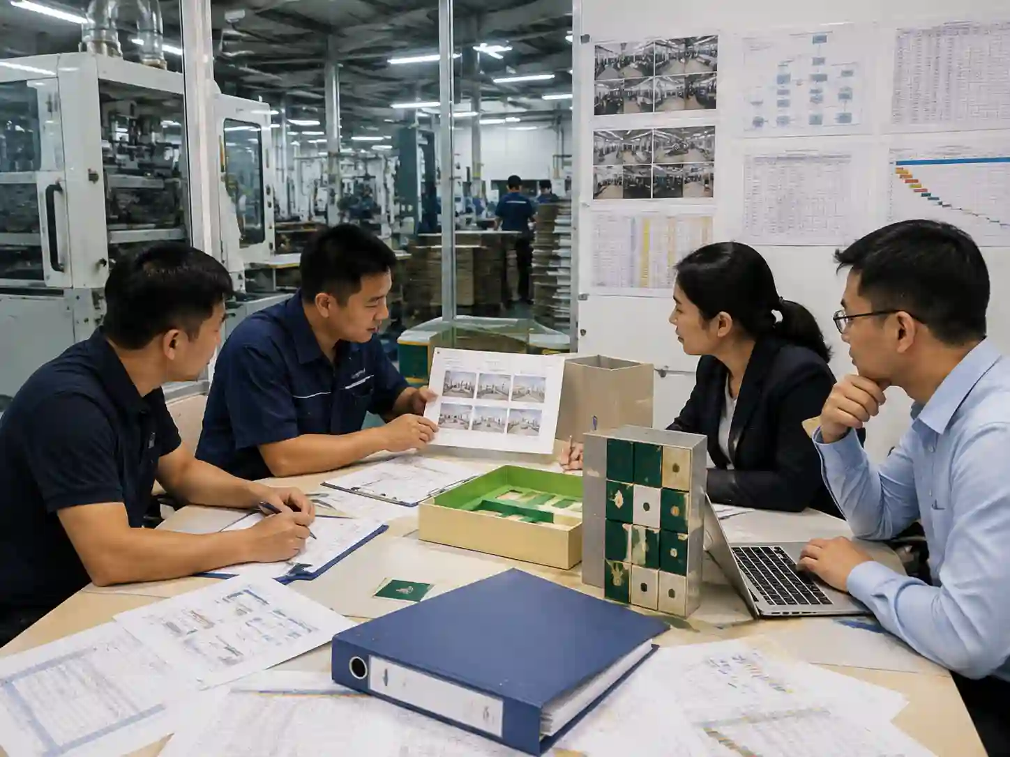 Supplier evaluation meeting reviewing rigid box factory capability records and production evidence