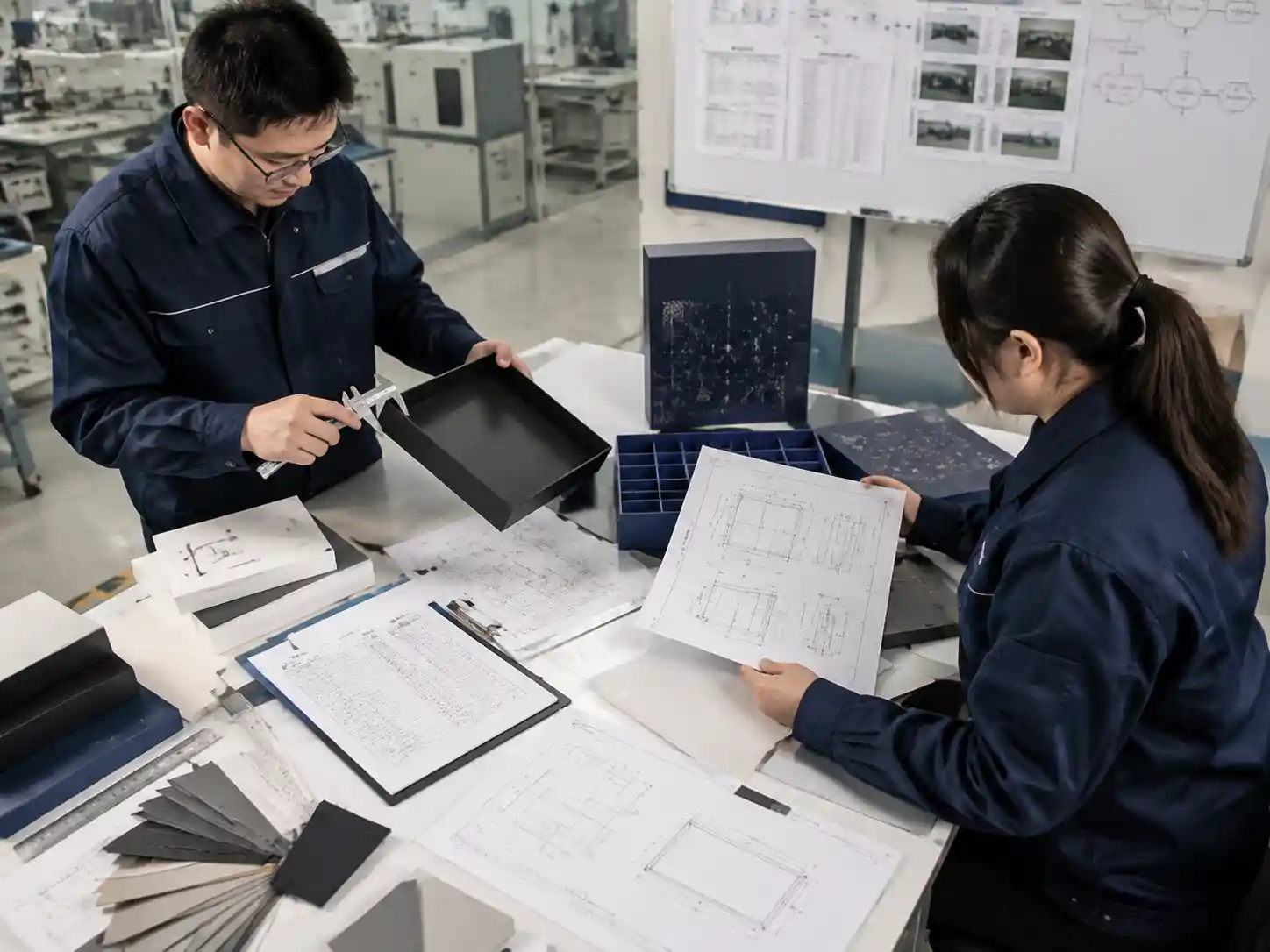 Packaging engineers verifying rigid box production capability with samples and measurements