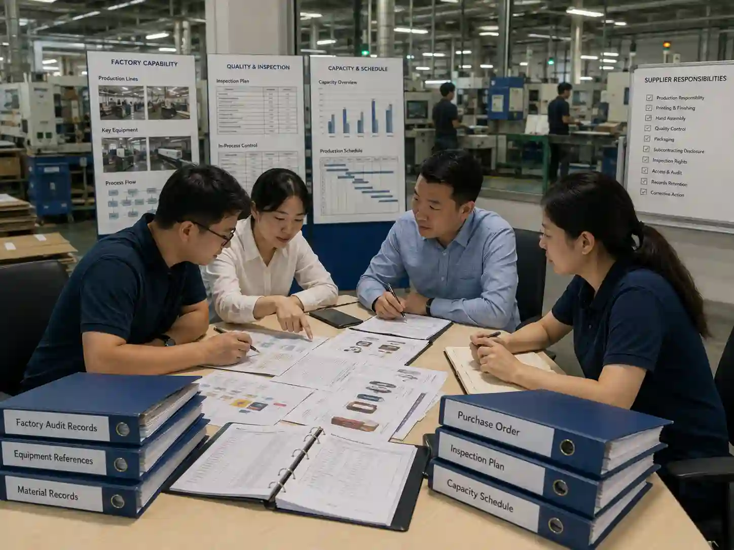 Packaging buyers reviewing advent calendar purchase order clauses, factory records, inspection plans and production capacity.