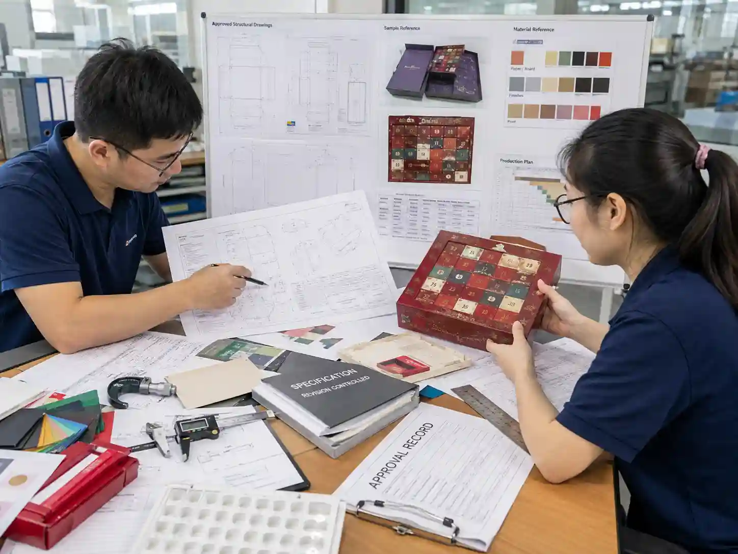 Packaging engineers checking advent calendar drawings, samples, measurements and production specifications referenced by a purchase order.