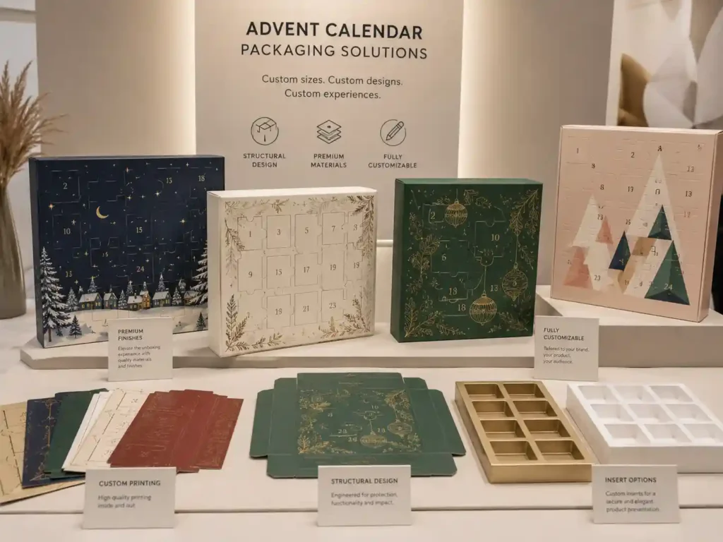 B2B trade-show sample display for custom advent calendar boxes with printing and insert samples.