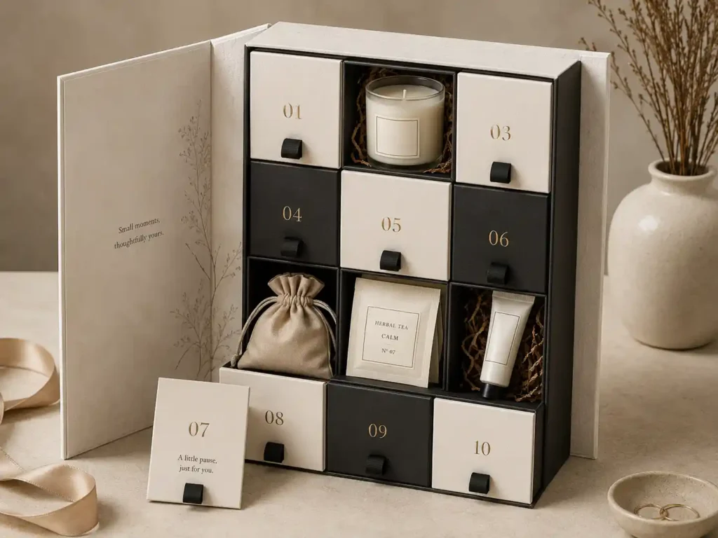 Premium gift set presentation for compartment advent calendar boxes with mixed seasonal products and no real brands