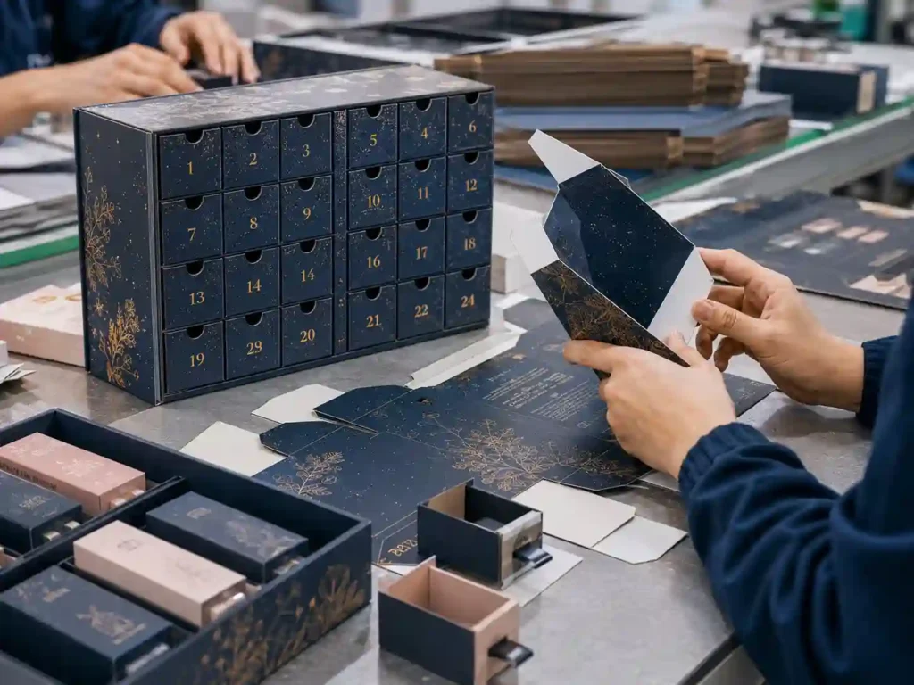 Close-up assembly line scene showing cosmetic advent calendar boxes being folded and checked.
