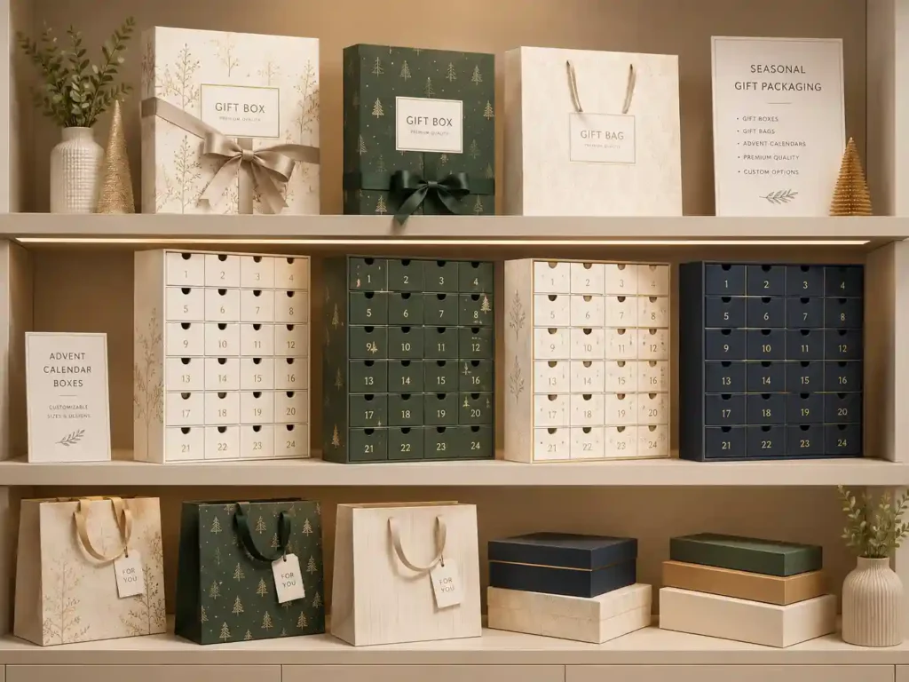 Retail shelf mockup of neutral drawer advent calendar boxes for seasonal gift packaging buyers