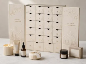 Premium embossed advent calendar gift set packaging presentation with drawers and generic retail products