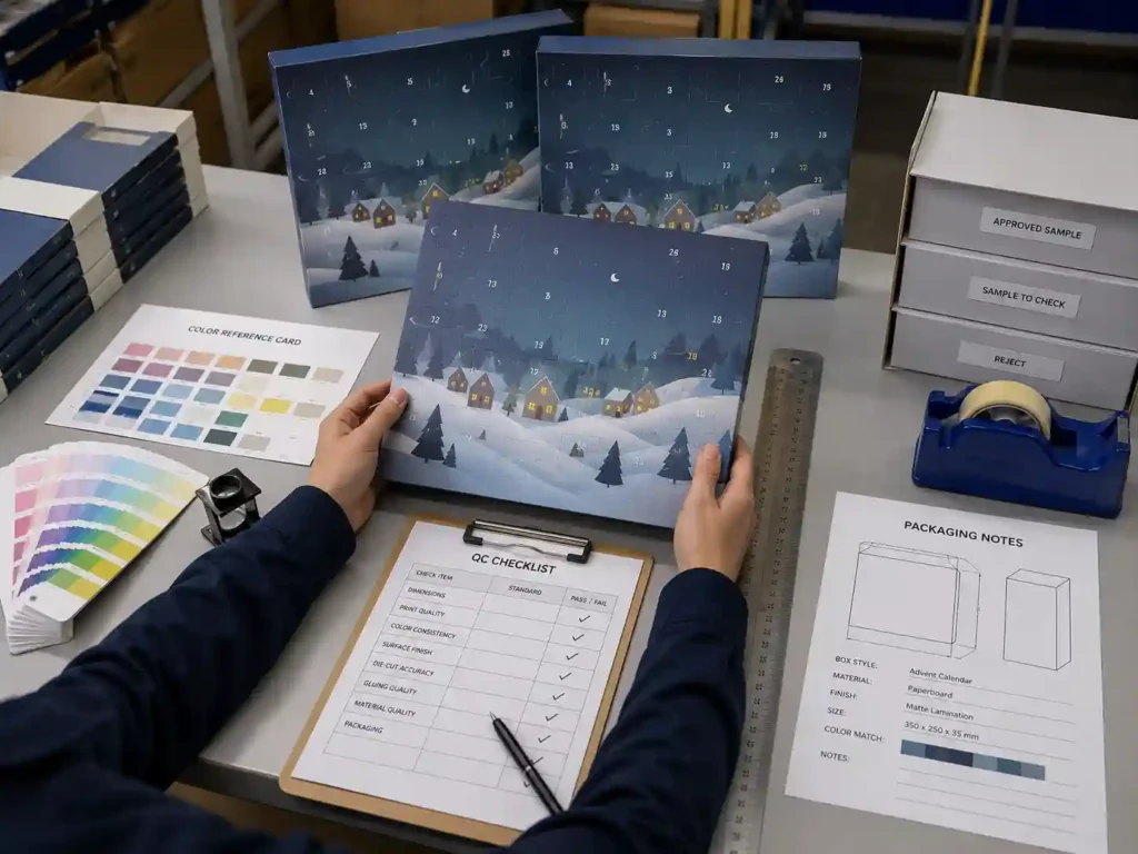 Quality control bench checking color consistency for custom advent calendar boxes under neutral lighting