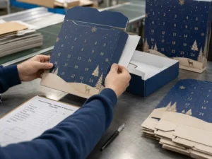 Assembly line quality check for foil stamped custom advent calendar boxes during folding and production