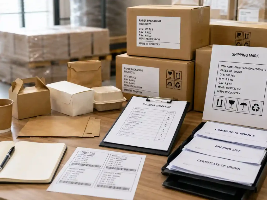 International logistics preparation for fold-out advent calendar boxes with cartons and export documents