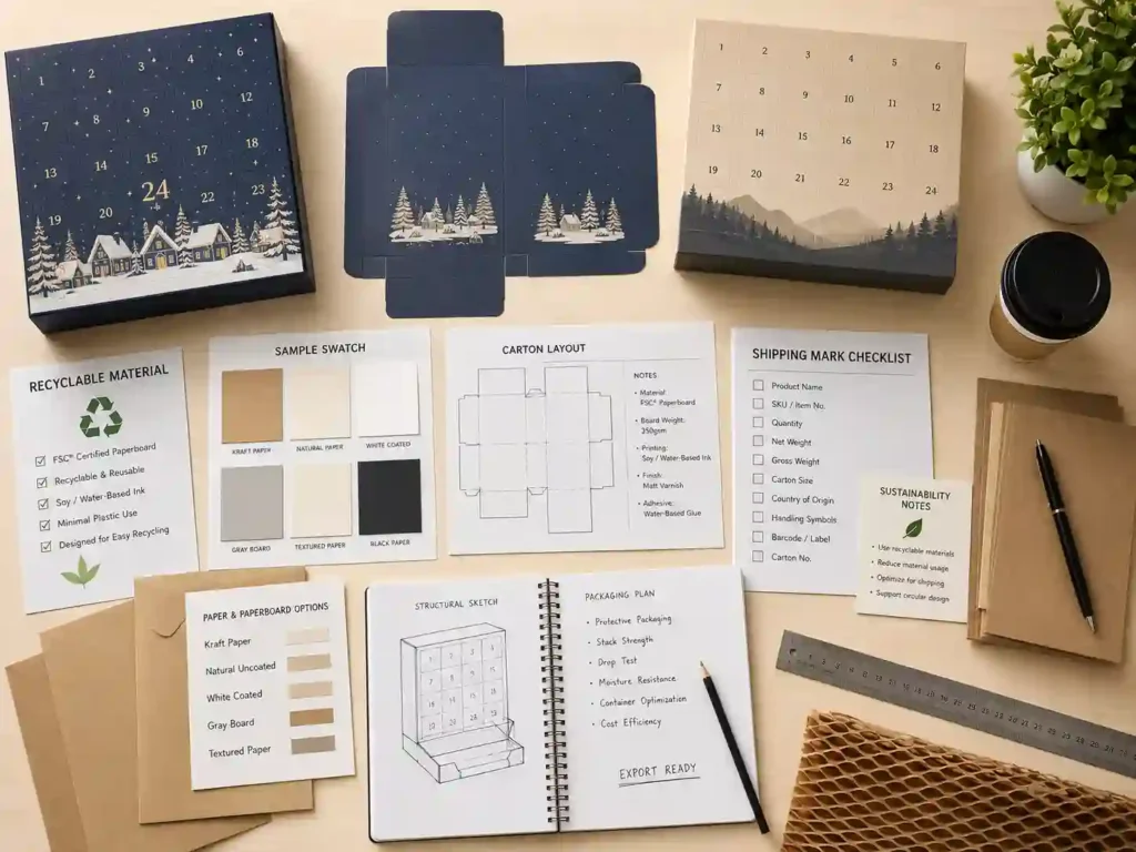 Sustainable packaging planning desk for export packing and shipping of numbered doors advent calendar boxes.