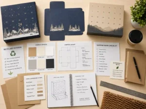 Sustainable packaging planning desk for export packing and shipping of numbered doors advent calendar boxes.