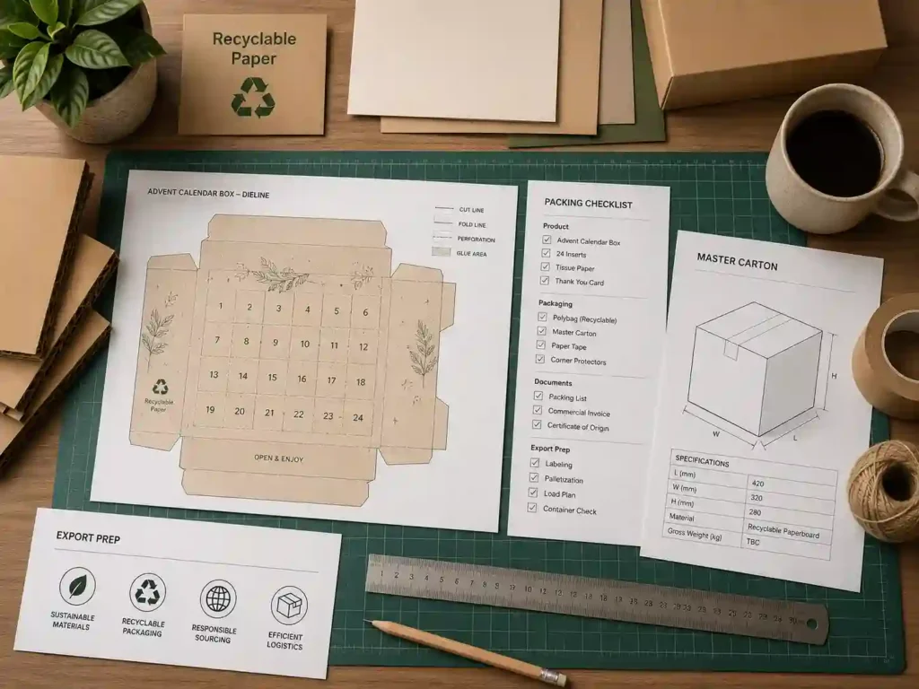 Sustainable packaging planning desk with recyclable paper materials and export packing checklist for advent calendar boxes