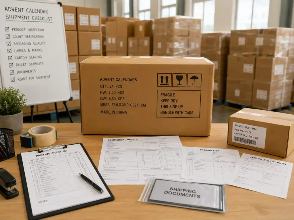 International logistics preparation for advent calendar box export packing and quotation review