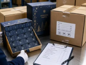 Final pre-shipment inspection for advent calendar box drawer count order with sealed cartons and sample reference