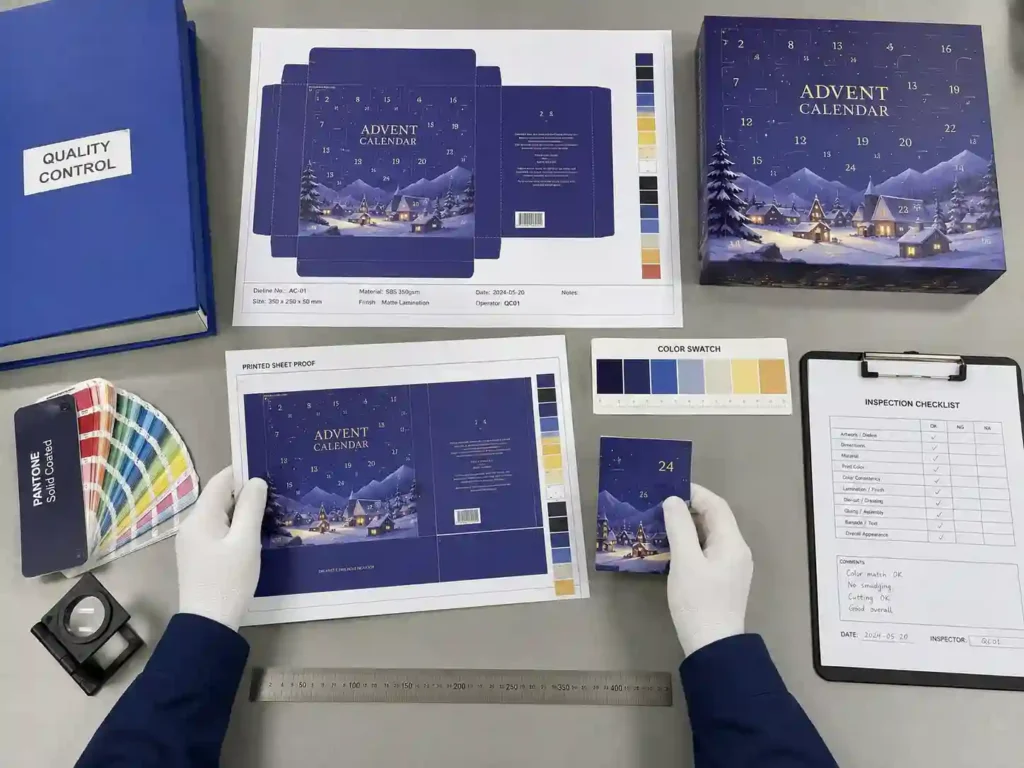 Quality control bench checking color consistency for advent calendar box finishing options