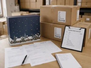 International logistics preparation for rigid advent calendar boxes with export cartons and documents