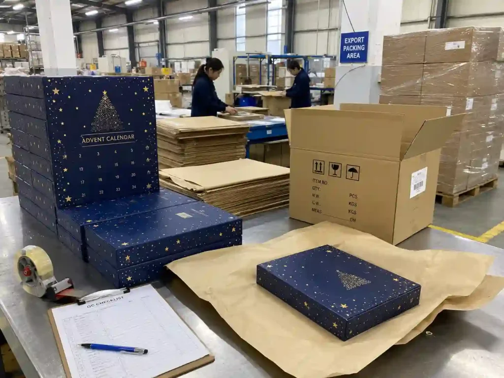 Export packing area with cartons shipping marks and QC checklist for advent calendar box bulk production