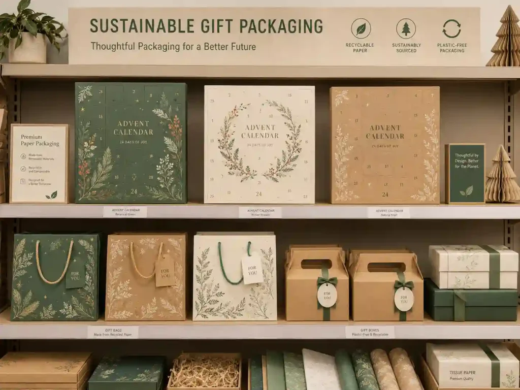 Retail shelf mockup with neutral seasonal gift packaging using sustainable advent calendar box materials