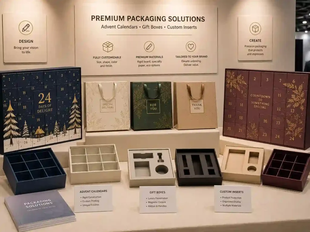 Professional trade show sample display with custom advent calendar boxes and neutral B2B packaging signage