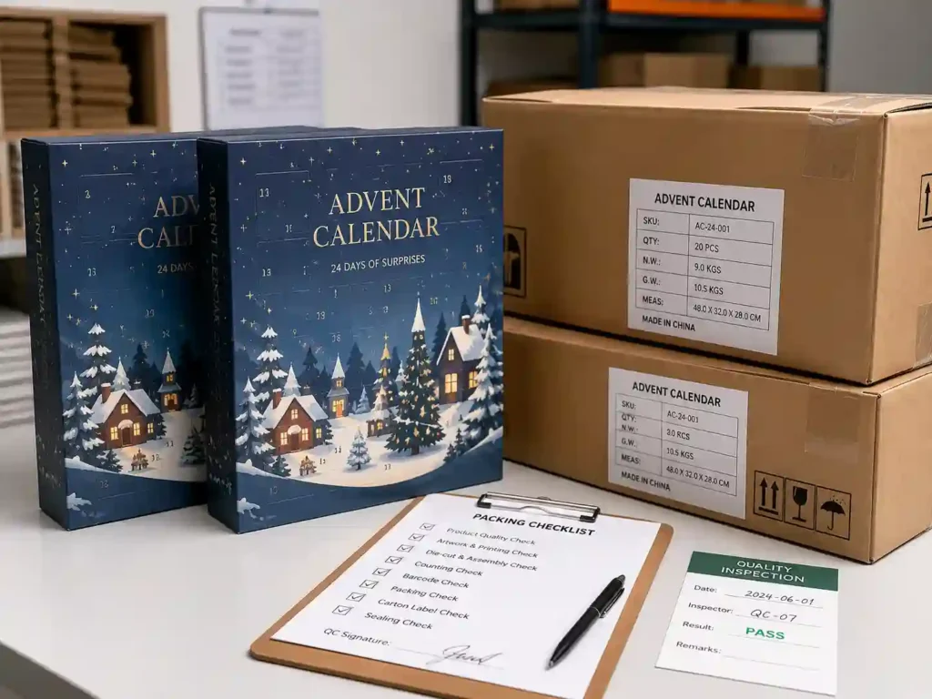 Quality control and export packing scene for custom printed advent calendar boxes with cartons and checklist