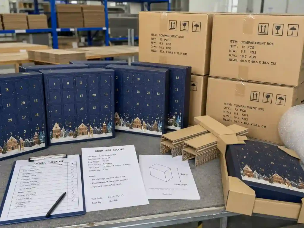 Protective packing test scene for compartment advent calendar boxes with cartons and export packing notes