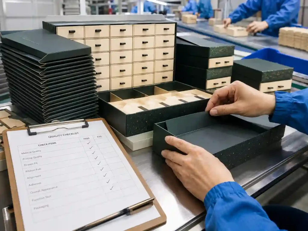 Close-up assembly line scene showing custom drawer advent calendar boxes being folded and checked during quality control