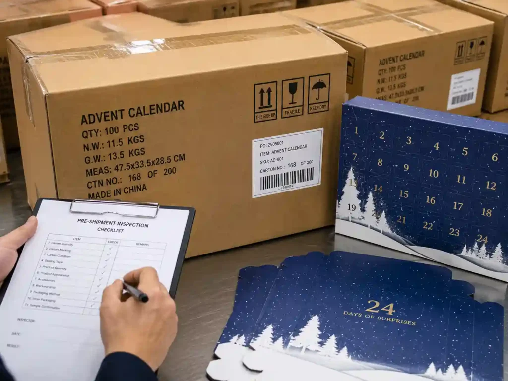 Final pre-shipment inspection with sealed cartons and sample reference for flat pack advent calendar boxes