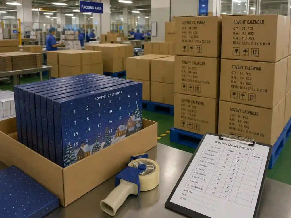 Export packing and QC area for fold-out advent calendar box bulk production