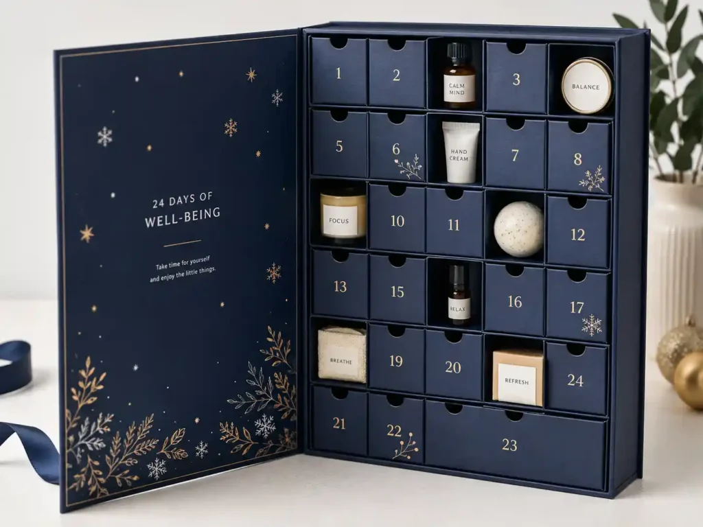 Assembled advent calendar box with printed panels and inserts for B2B sample approval